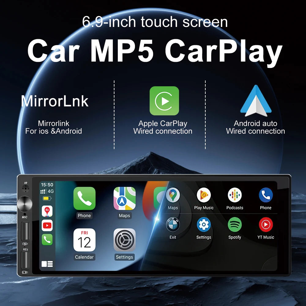 Autoradio 1DIN avec Écran IPS 6.9" - CarPlay & Android Auto, Bluetooth, USB, MP5, Stéréo Multimédia
