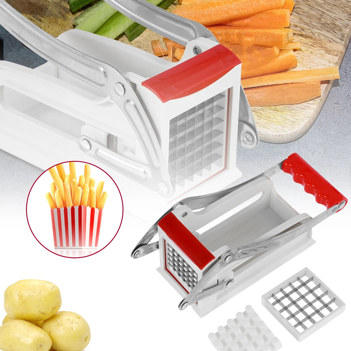 Coupe-Frites en Acier Inoxydable – Lames 25/49 Trous, Découpe Rapide