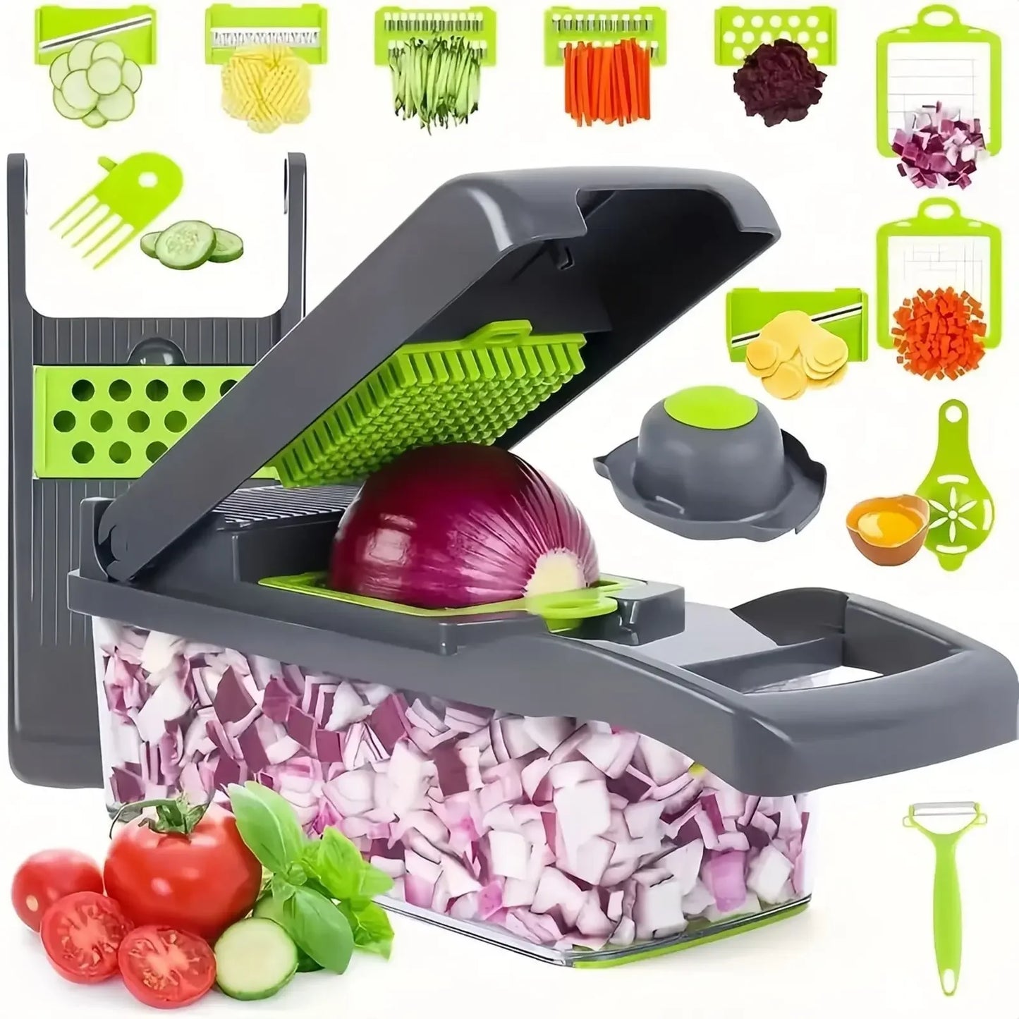 Hachoir Multifonction 14/16 en 1 – Trancheur, Râpe & Coupe-Légumes
