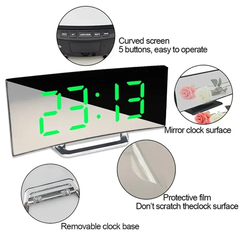 Horloge Numérique LED à Écran Courbé - Réveil Digital, Affichage Miroir, Grand Écran, Charge USB, Idéale pour Table de Chevet