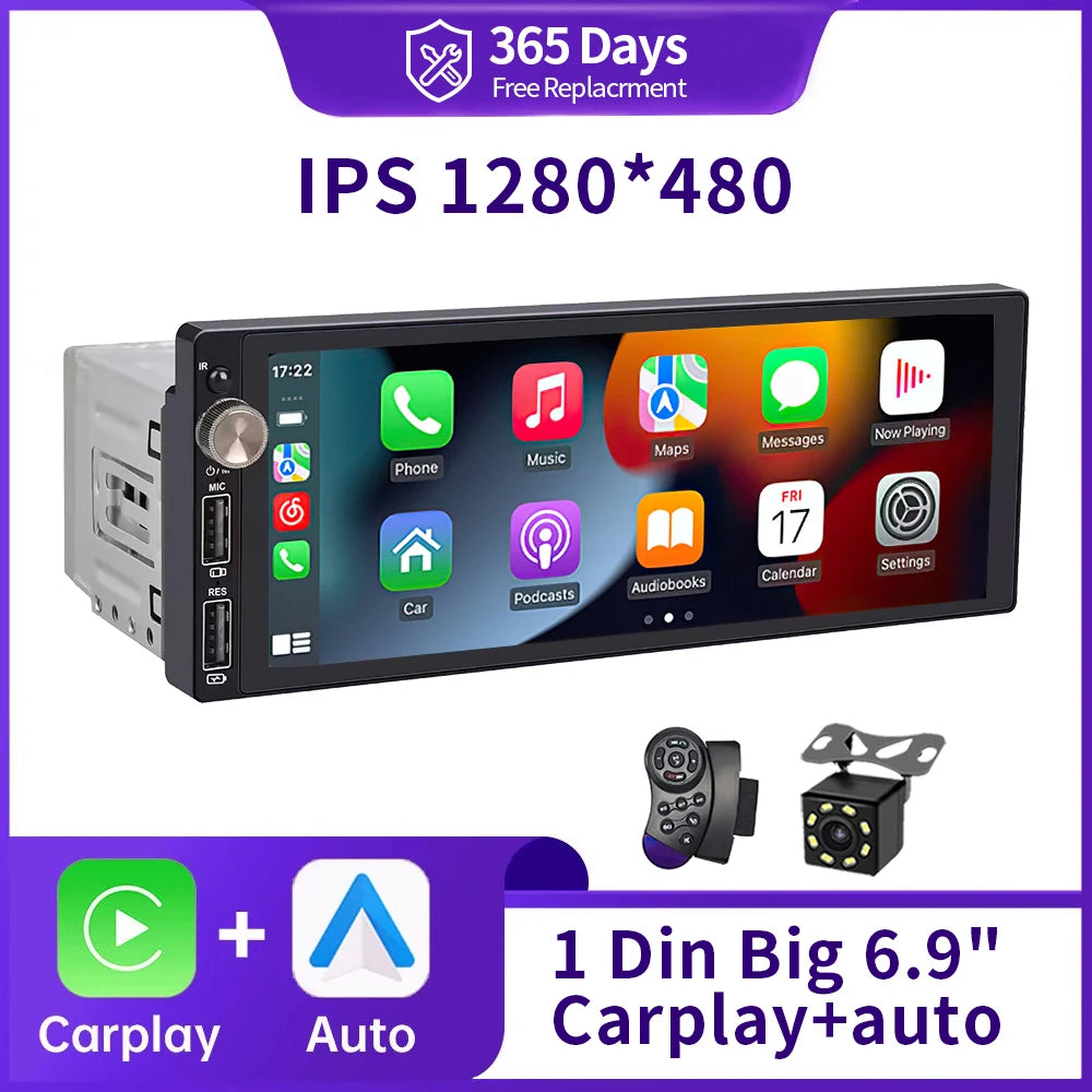 Autoradio 1DIN avec Écran IPS 6.9" - CarPlay & Android Auto, Bluetooth, USB, MP5, Stéréo Multimédia