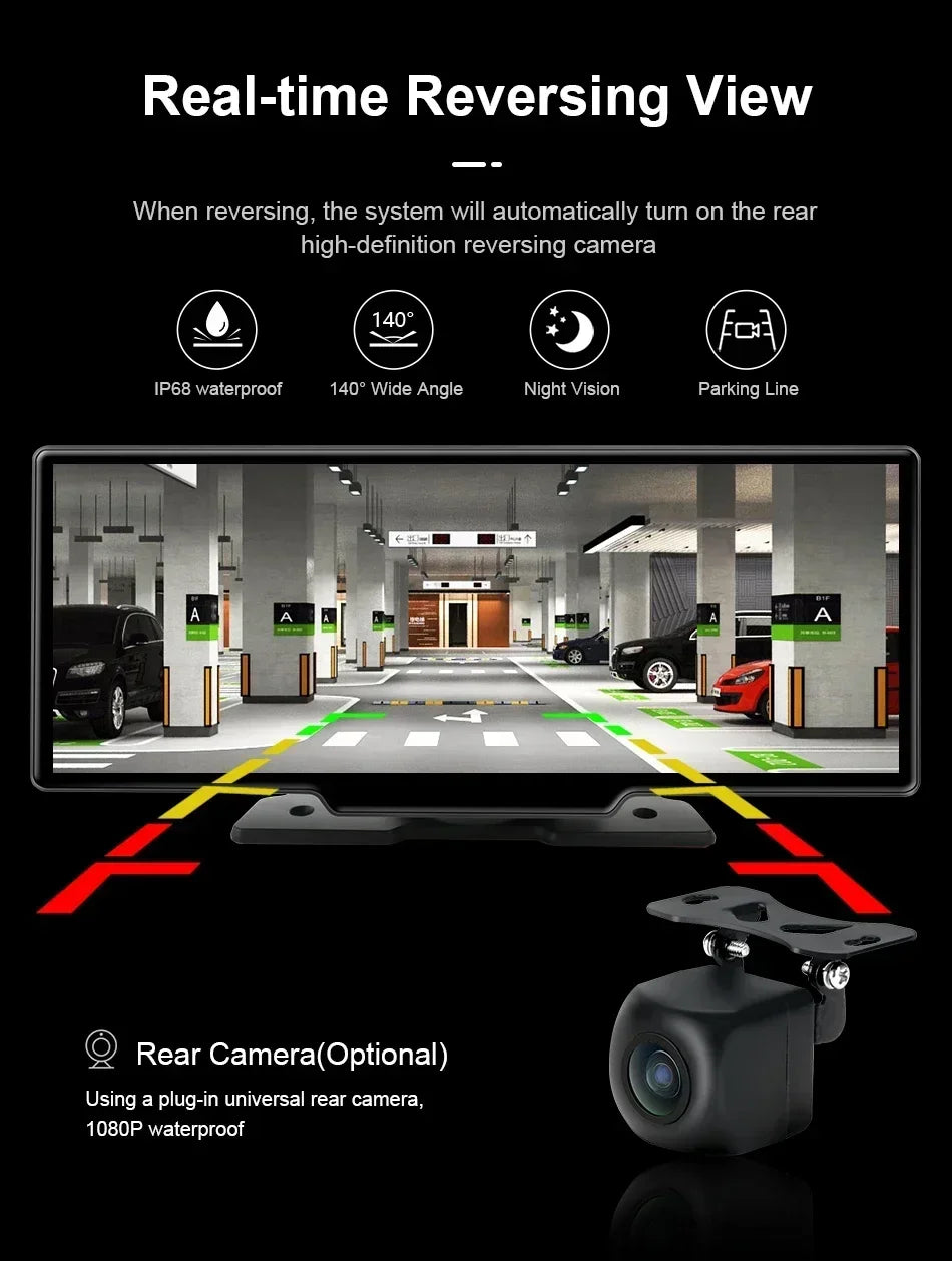 Srnubi 10.26" Dash Cam - Rétroviseur Intelligent avec CarPlay, Android Auto, 4K, DVR Double Caméra, GPS & WiFi