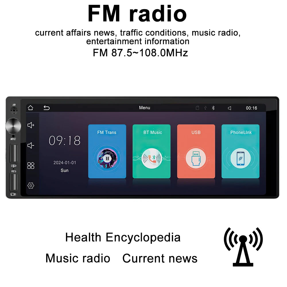 Autoradio 1DIN avec Écran IPS 6.9" - CarPlay & Android Auto, Bluetooth, USB, MP5, Stéréo Multimédia