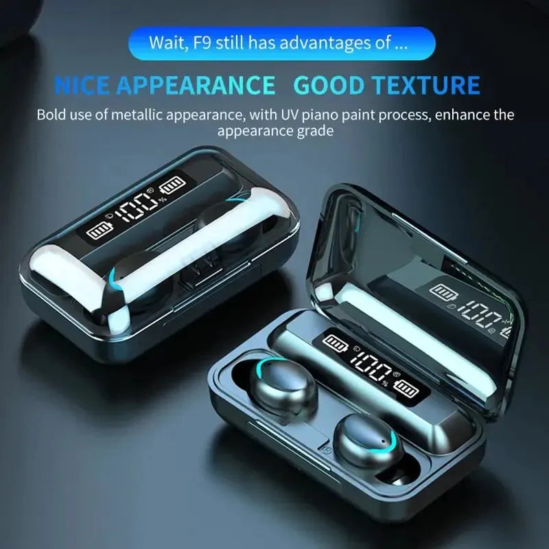 Écouteurs Sans Fil Bluetooth F9 - TWS Étanches, Affichage Digital, Boîtier de Charge Grande Capacité