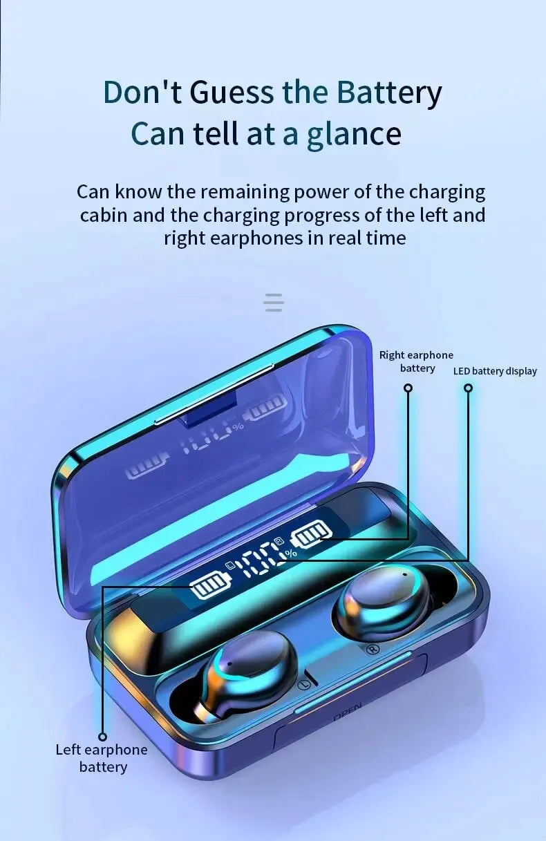 Écouteurs Sans Fil Bluetooth F9 - TWS Étanches, Affichage Digital, Boîtier de Charge Grande Capacité