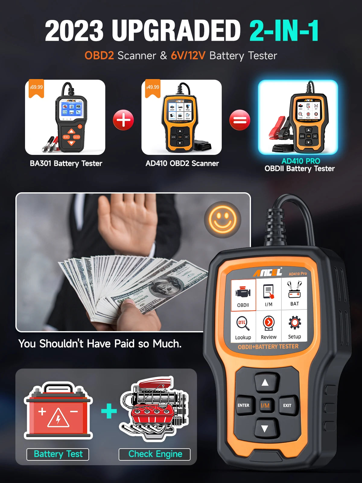 ANCEL AD410 PRO – Lecteur de Codes OBD2 & Testeur de Batterie