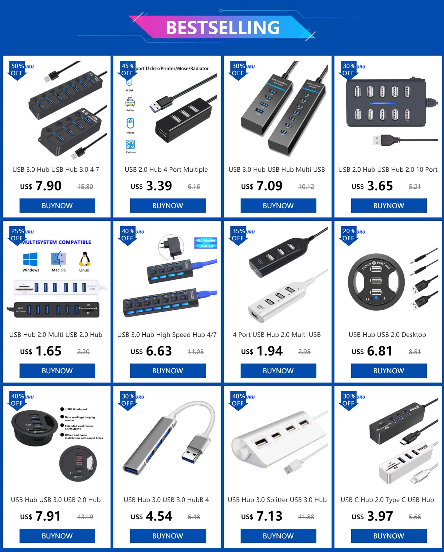 Hub USB 3.0 – Multiprise USB avec 4/7 Ports, Switch Individuel & Alimentation