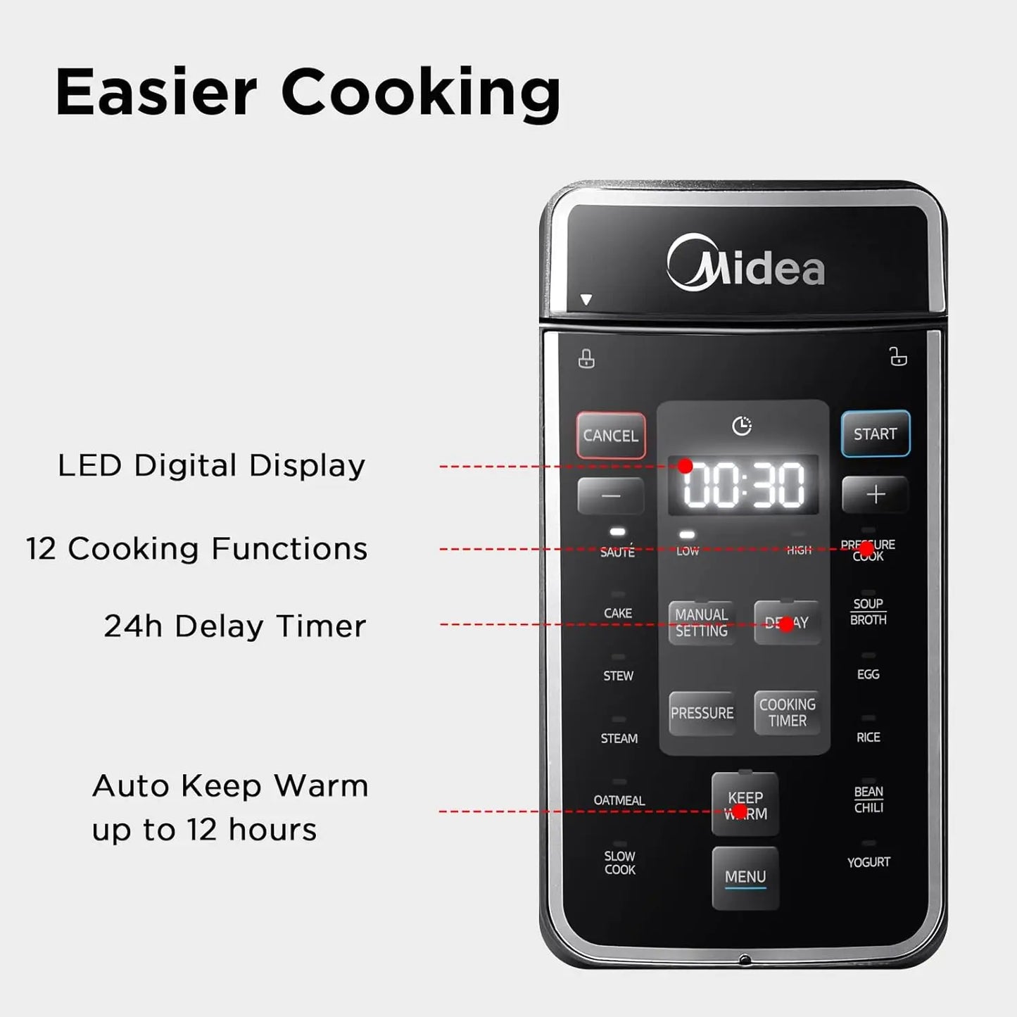 Midea 9-en-1 Multicuiseur Électrique - Autocuiseur Instantané avec 12 Programmes, Cuve Antiadhésive, Cuiseur à Riz, Yaourtière & Vapeur