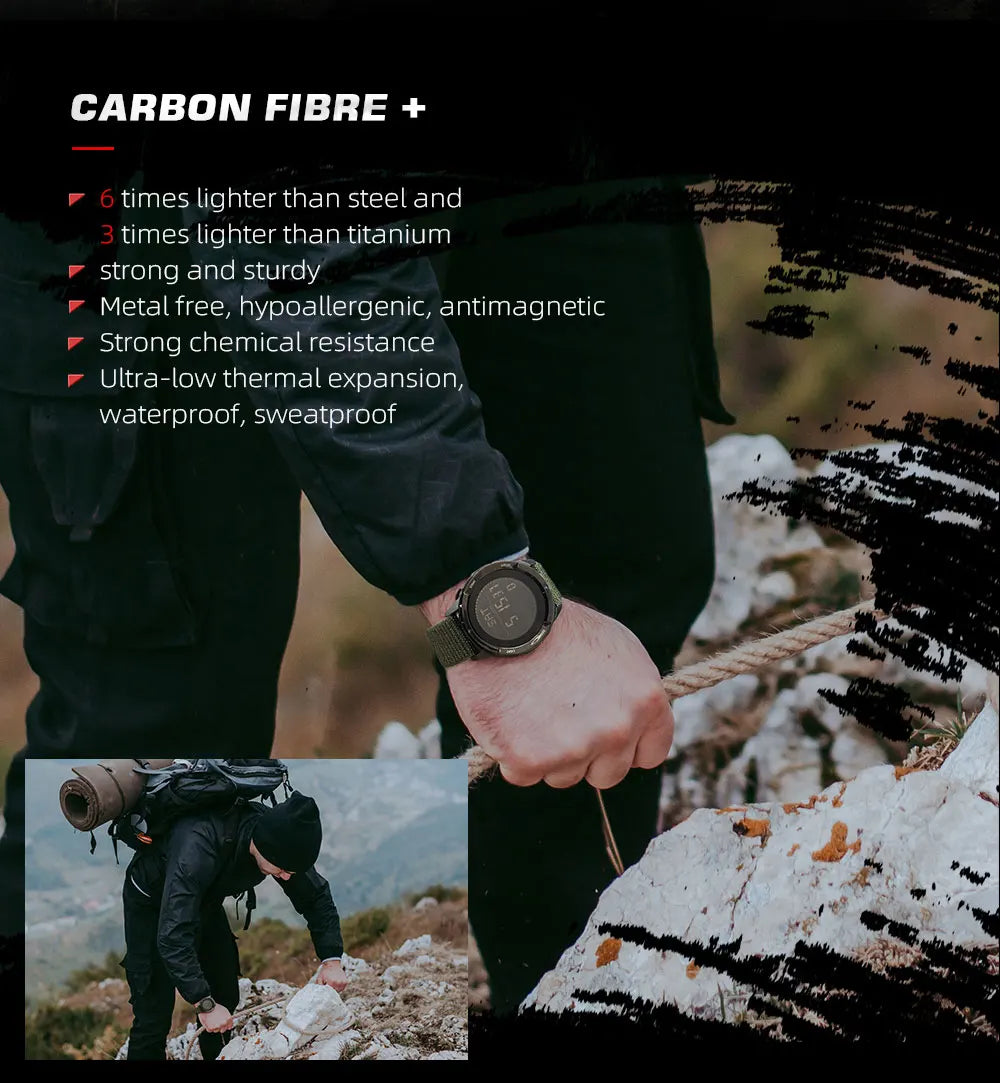 Montre Militaire NORTH EDGE ALPS - Fibre de Carbone, Ultra-Légère, Boussole, Étanche 50M, Résistante aux Chocs
