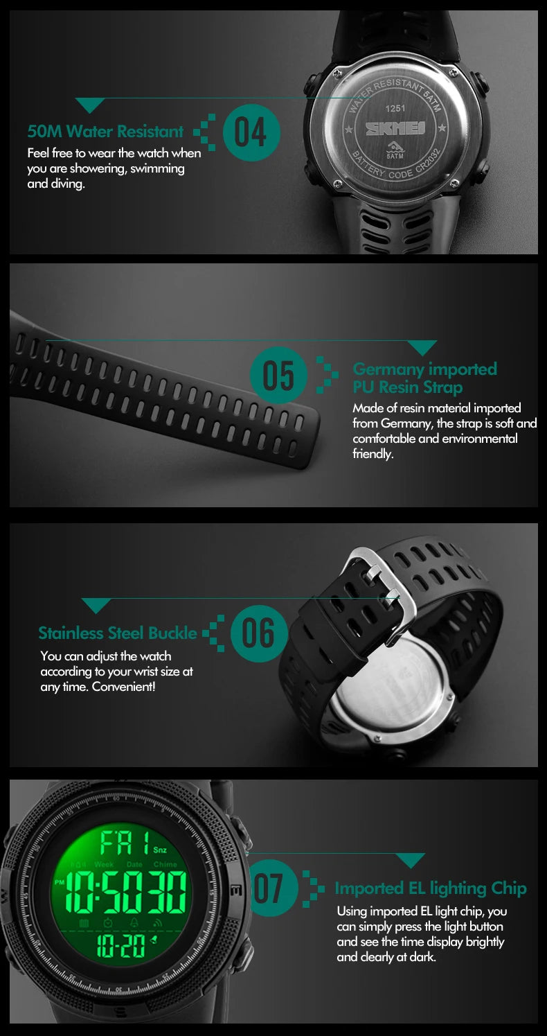 Montre Sport Homme SKMEI – Étanche, LED, Multifonction