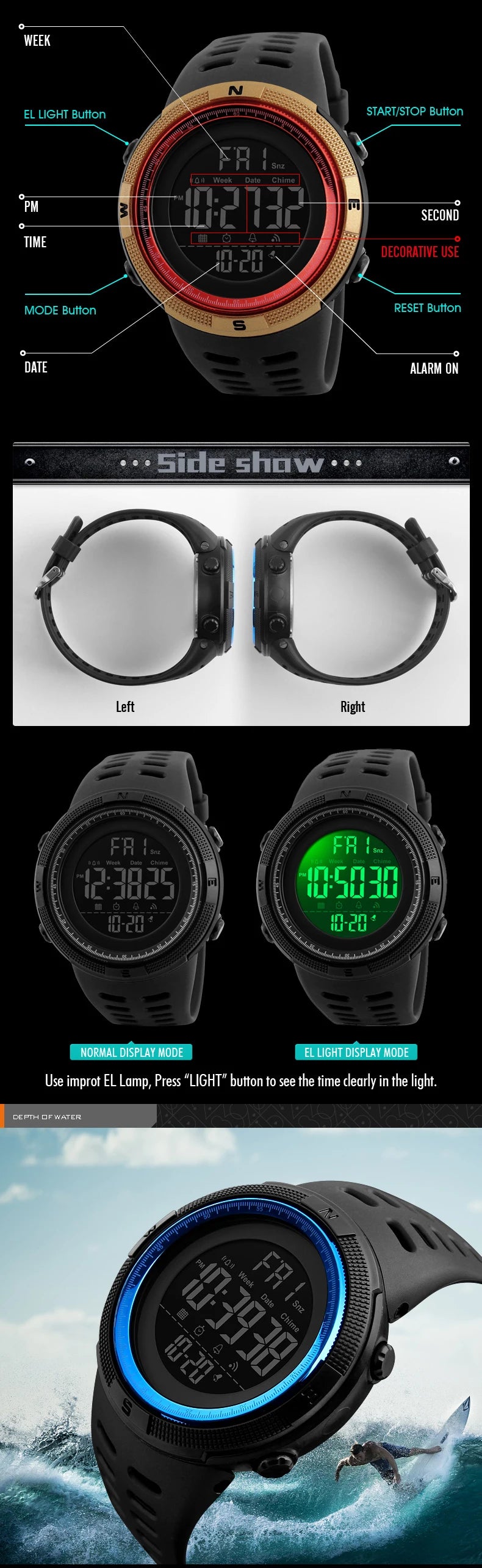Montre Sport Homme SKMEI – Étanche, LED, Multifonction