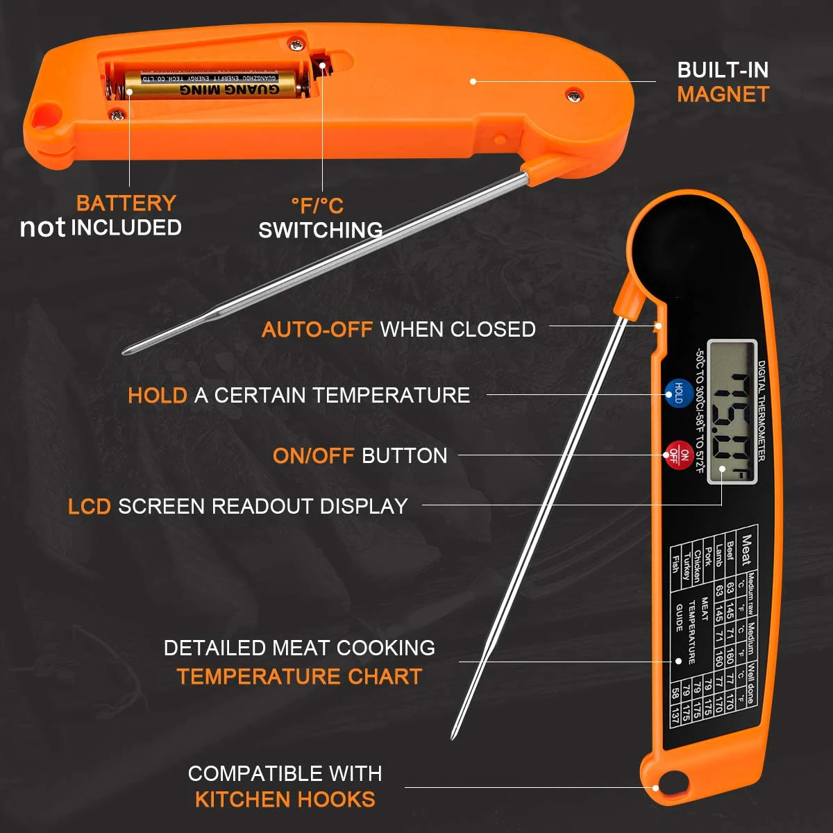 Thermomètre de Cuisine Digital - Sonde Alimentaire pour Viande, Eau, Lait, Cuisson & BBQ