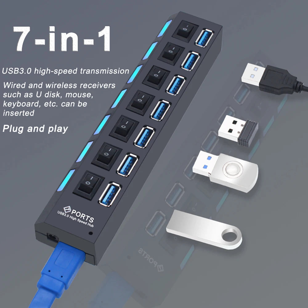 Hub USB 3.0 – Multiprise USB avec 4/7 Ports, Switch Individuel & Alimentation