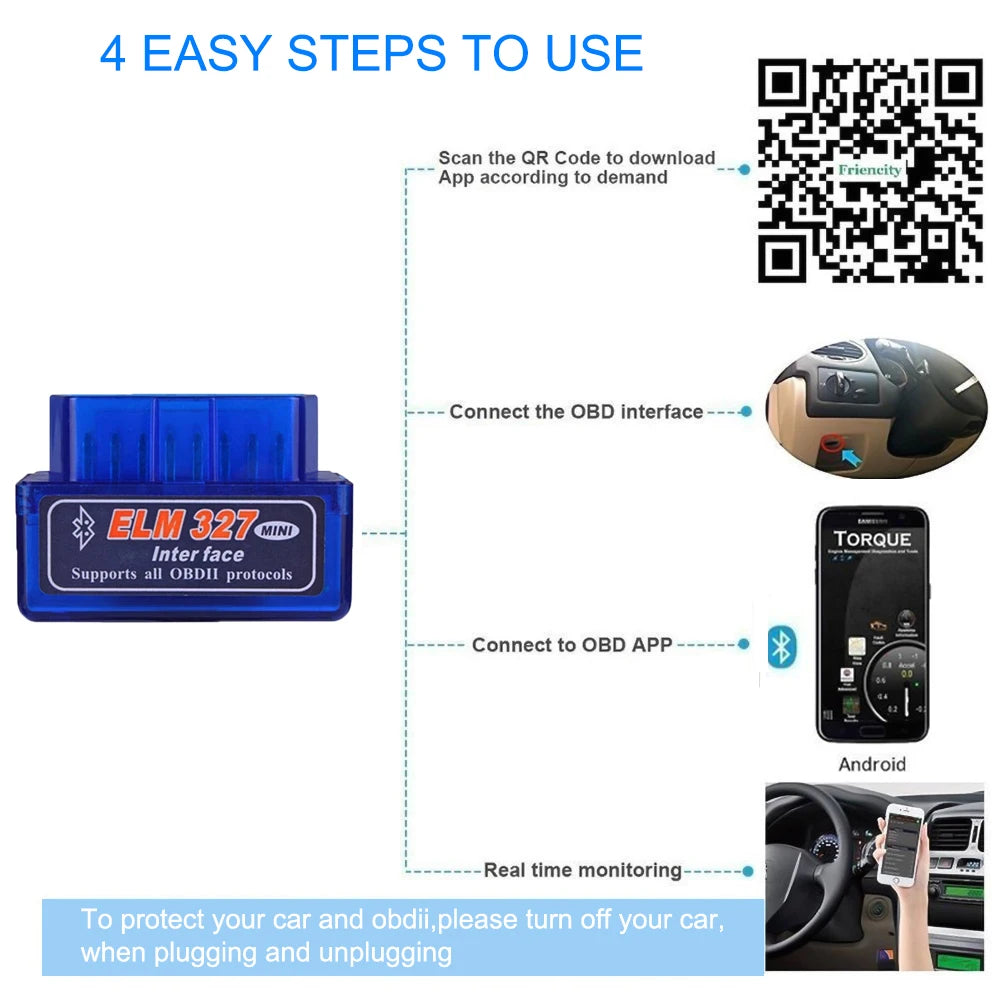 ELM327 OBD2 Mini Scanner - Outil de Diagnostic Auto Bluetooth V2.1, Interface 16 PIN, Compatible Android