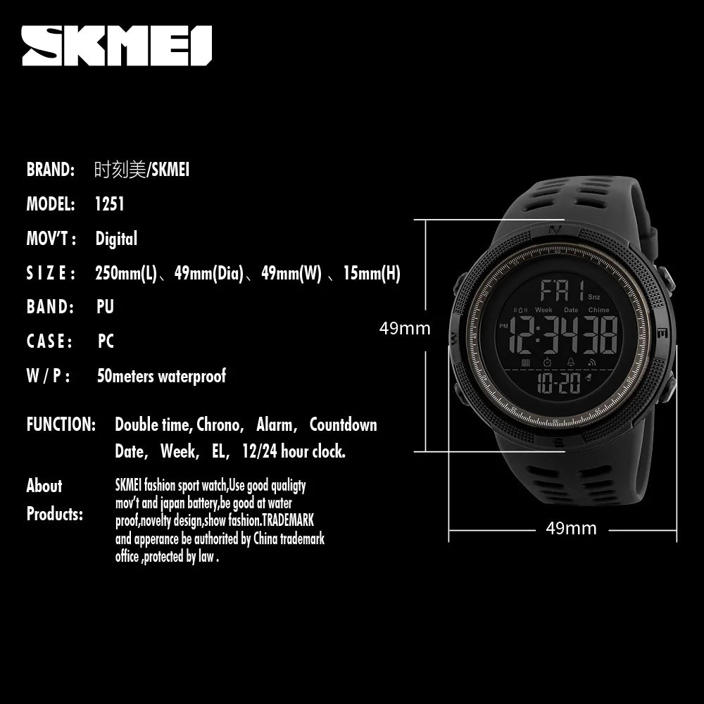 Montre Sport Homme SKMEI – Étanche, LED, Multifonction