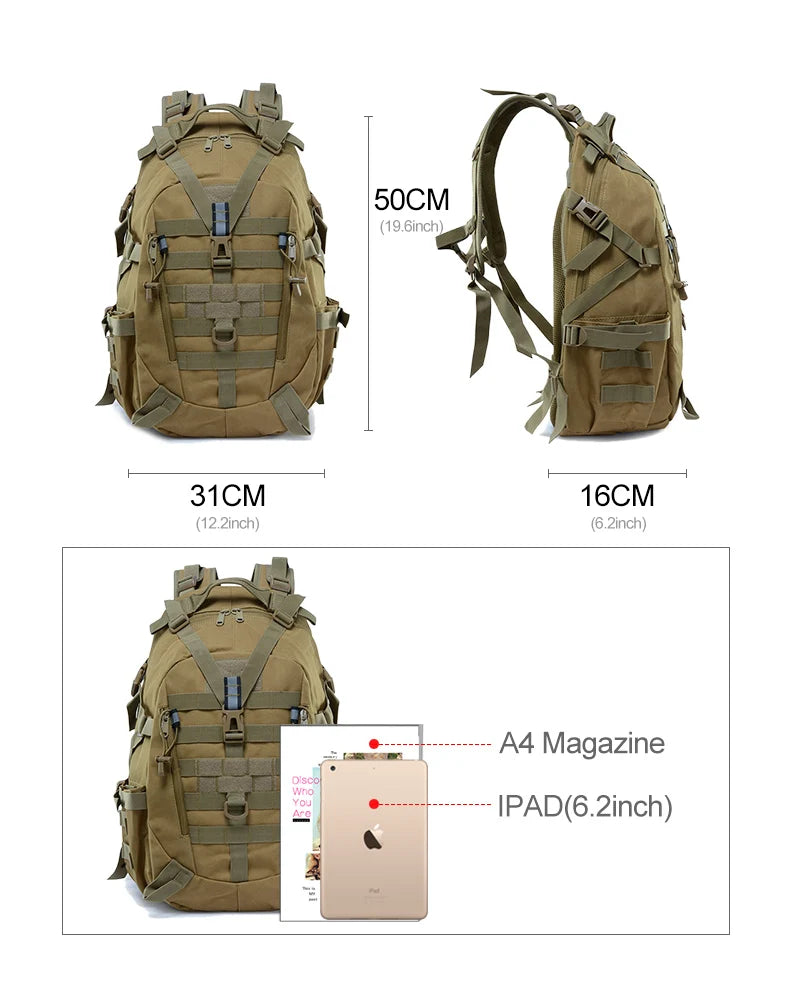 Sac à Dos Tactique 40L - Randonnée, Camping, Trekking, Pêche & Activités Outdoor, Système MOLLE & Réfléchissant