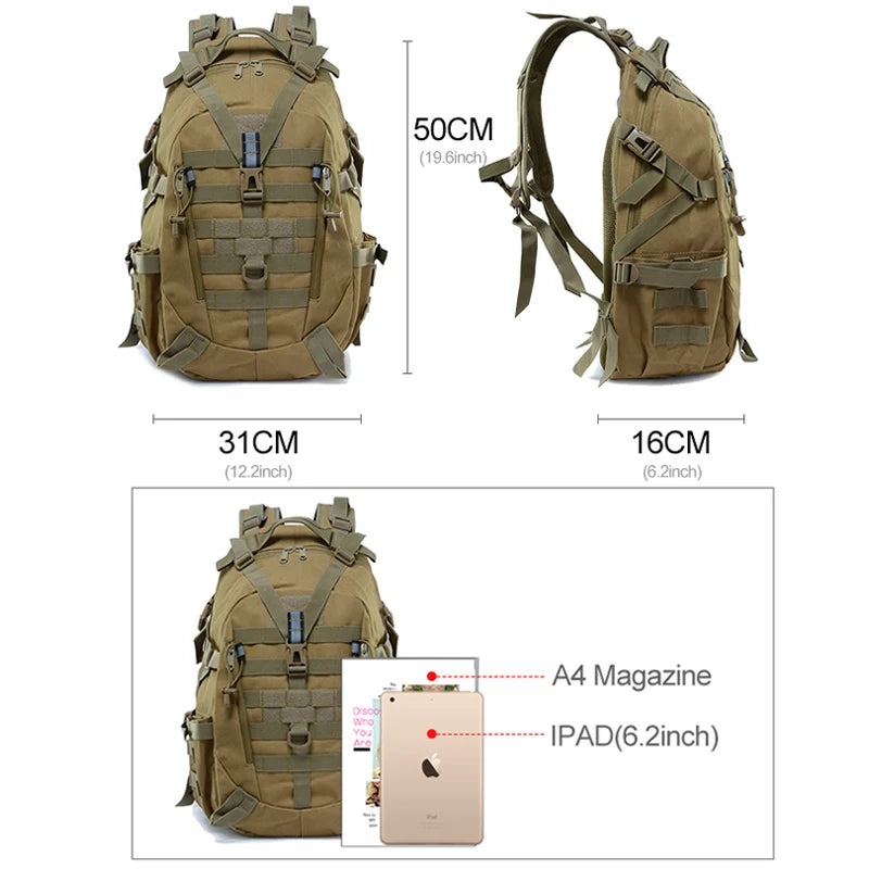 Sac à Dos Tactique 40L - Randonnée, Camping, Trekking, Pêche & Activités Outdoor, Système MOLLE & Réfléchissant