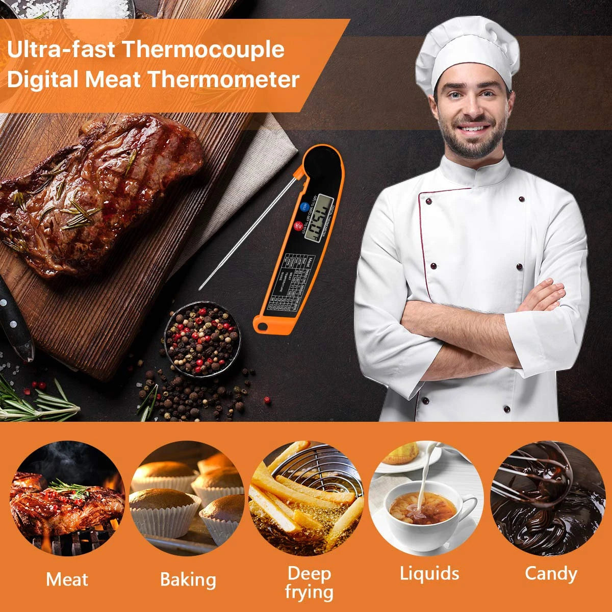 Thermomètre de Cuisine Digital - Sonde Alimentaire pour Viande, Eau, Lait, Cuisson & BBQ