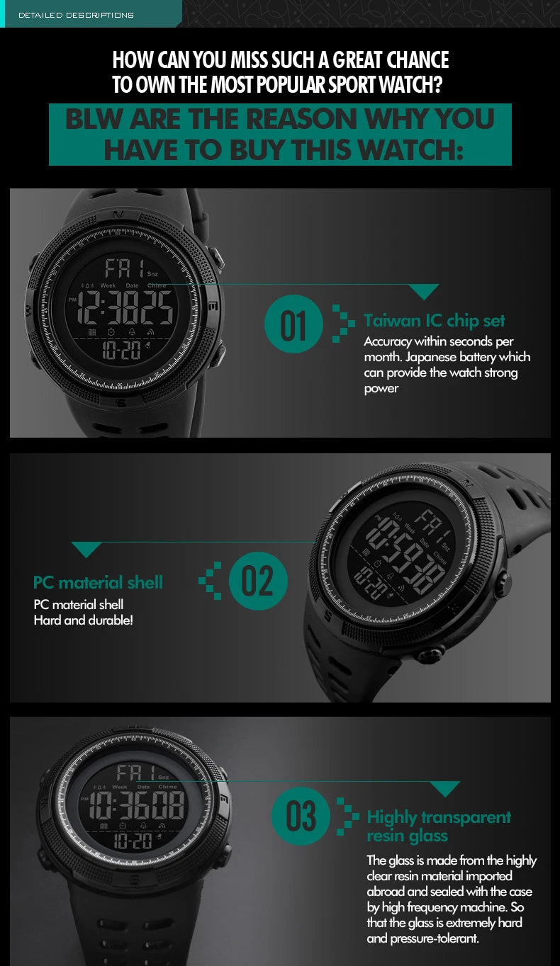 Montre Sport Homme SKMEI – Étanche, LED, Multifonction