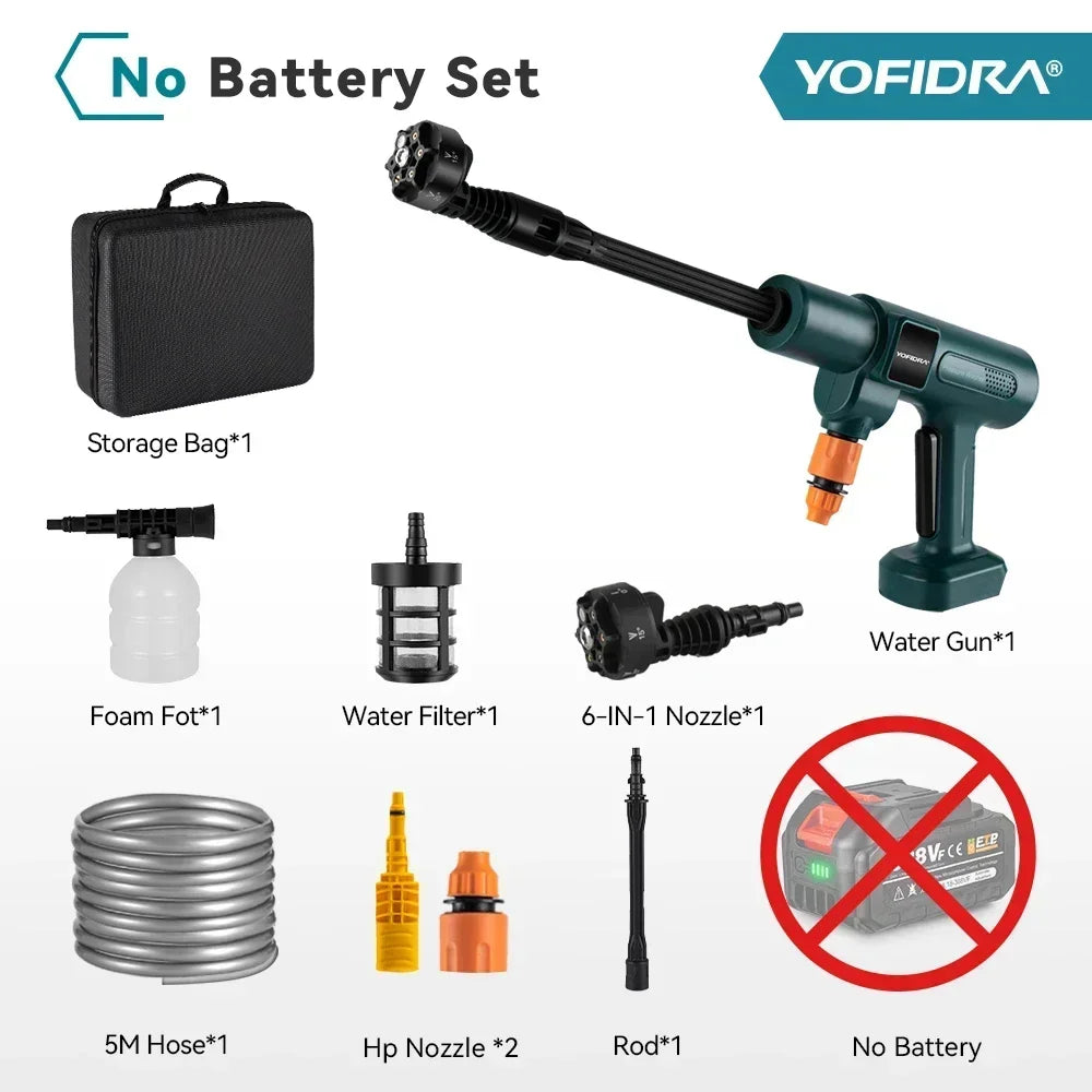 YOFIDRA Nettoyeur Haute Pression 200 Bar - 3500W, Moteur Brushless, Pistolet Pulvérisateur 6-en-1, Compatible Batterie Makita 18V