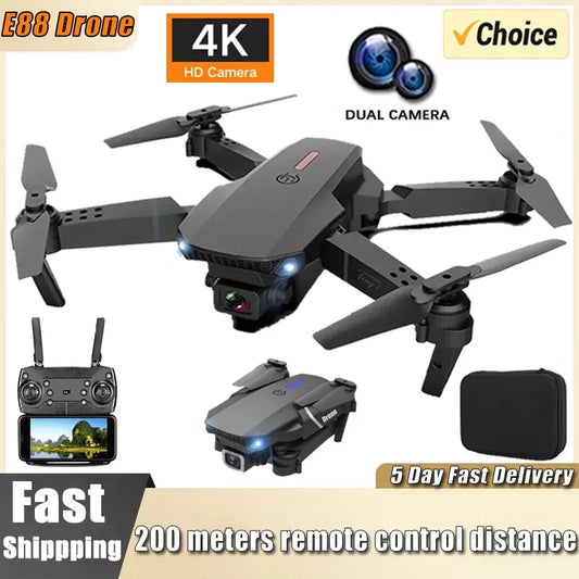Drone Professionnel E88 - Caméra 4K & 1080P HD, Grand Angle, WiFi FPV, Maintien d’Altitude, Pliable, Quadricoptère RC