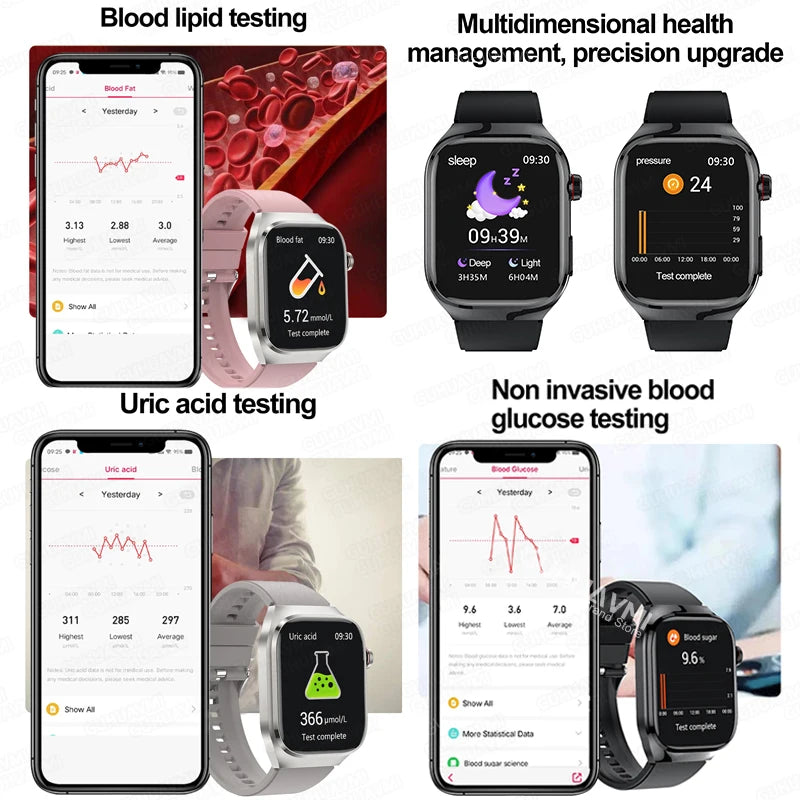 Montre Connectée Santé 2024 - Surveillance de l’Acide Urique, Sucre dans le Sang, ECG + PPG, Pression Artérielle, Appels Bluetooth & Sport