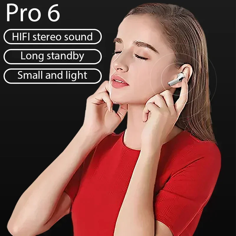 Écouteurs Sans Fil Pro 6 TWS - Bluetooth, Réduction de Bruit, Micro Intégré, Compatibles iPhone & Android