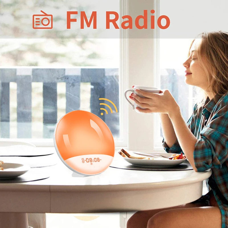 Réveil Lumineux avec Simulation de Lever/Coucher du Soleil - Double Alarme, Radio FM, Veilleuse 7 Couleurs, Sons Naturels & Snooze