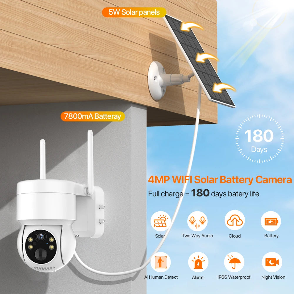 Caméra de Surveillance Solaire WiFi PTZ 4MP HD - Batterie Intégrée, Sans Fil, Vision Nocturne, Détection de Mouvement, iCSee