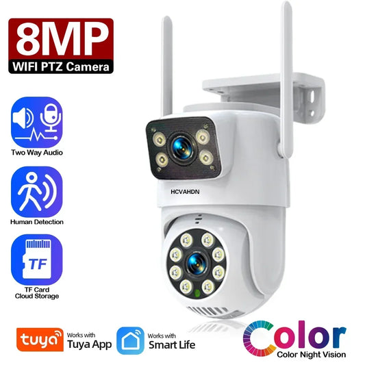 Caméra de Surveillance Tuya 4K 8MP - Double Objectif, PTZ WiFi, AI Tracking, Vision Nocturne, Audio Bidirectionnel, Sécurité Extérieure