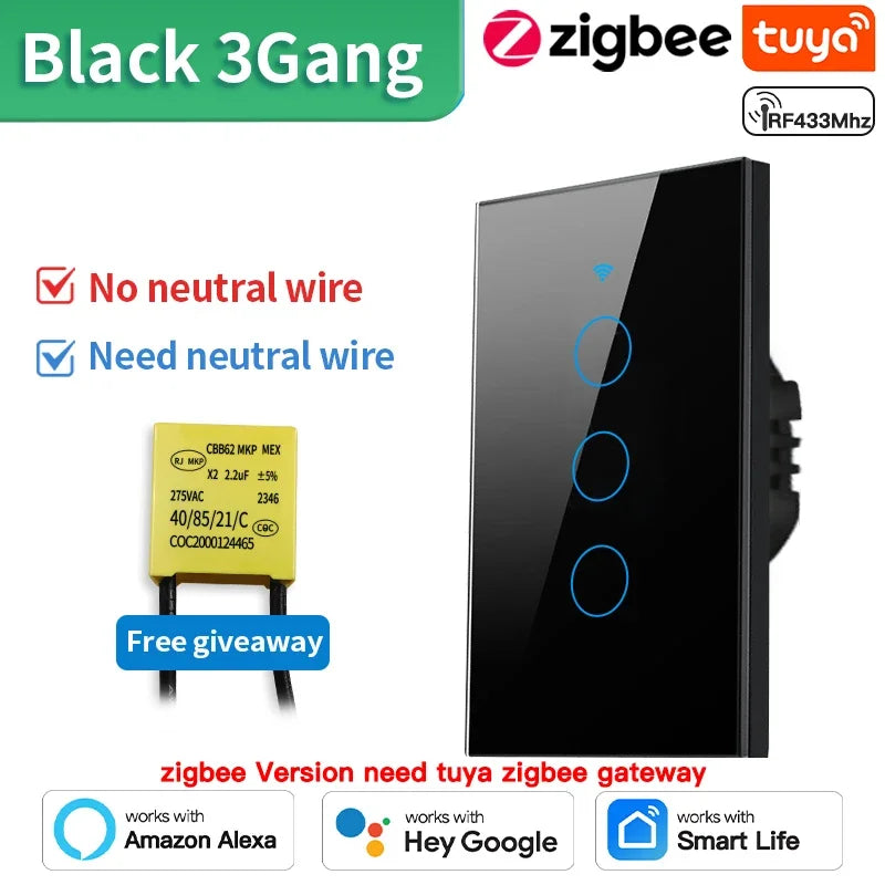 Interrupteur Intelligent TNCE WiFi/Zigbee RF433 - Sans Fil Neutre, Contrôle Tactile & Vocal, Compatible Alexa & Google Home