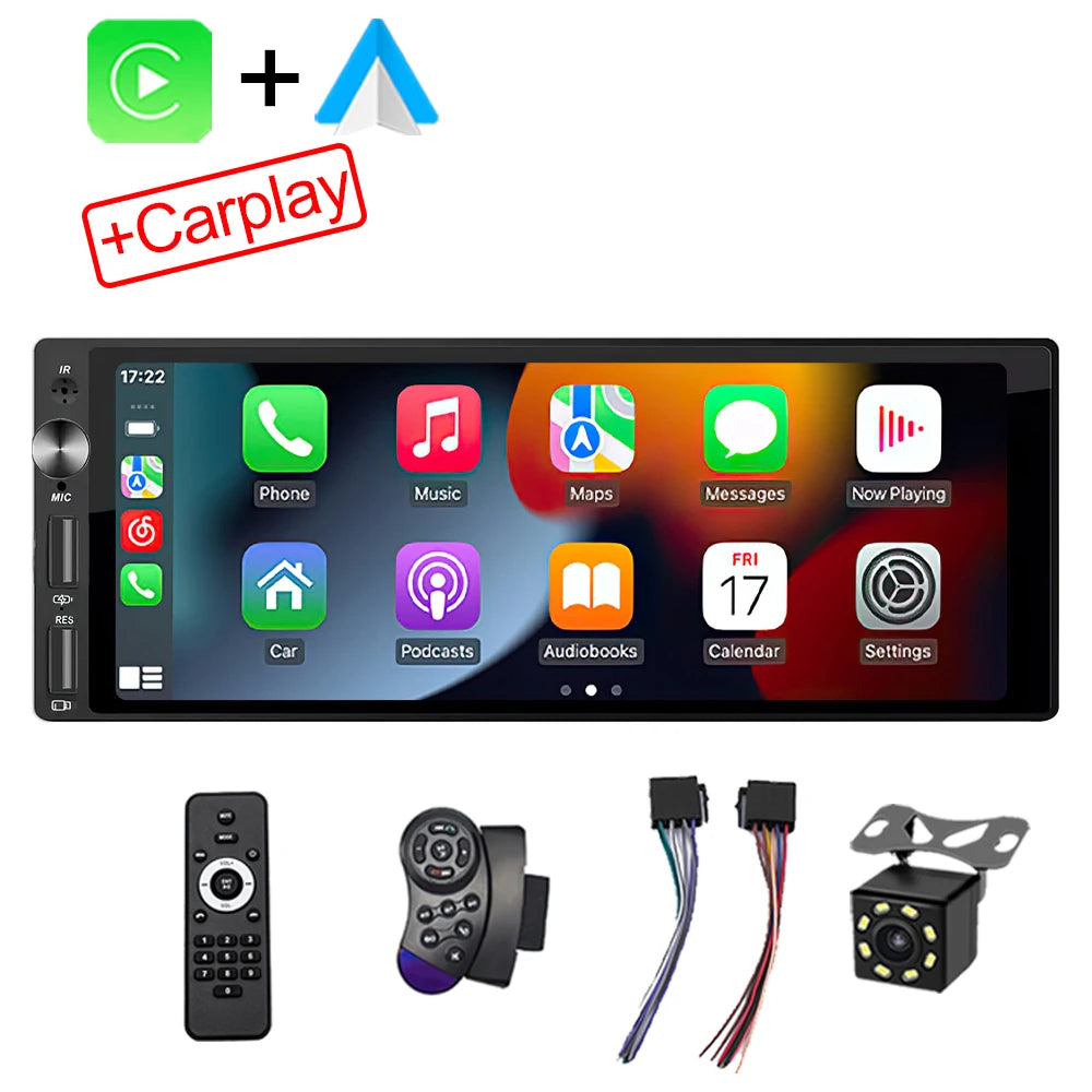Autoradio 1DIN avec Écran IPS 6.9" - CarPlay & Android Auto, Bluetooth, USB, MP5, Stéréo Multimédia