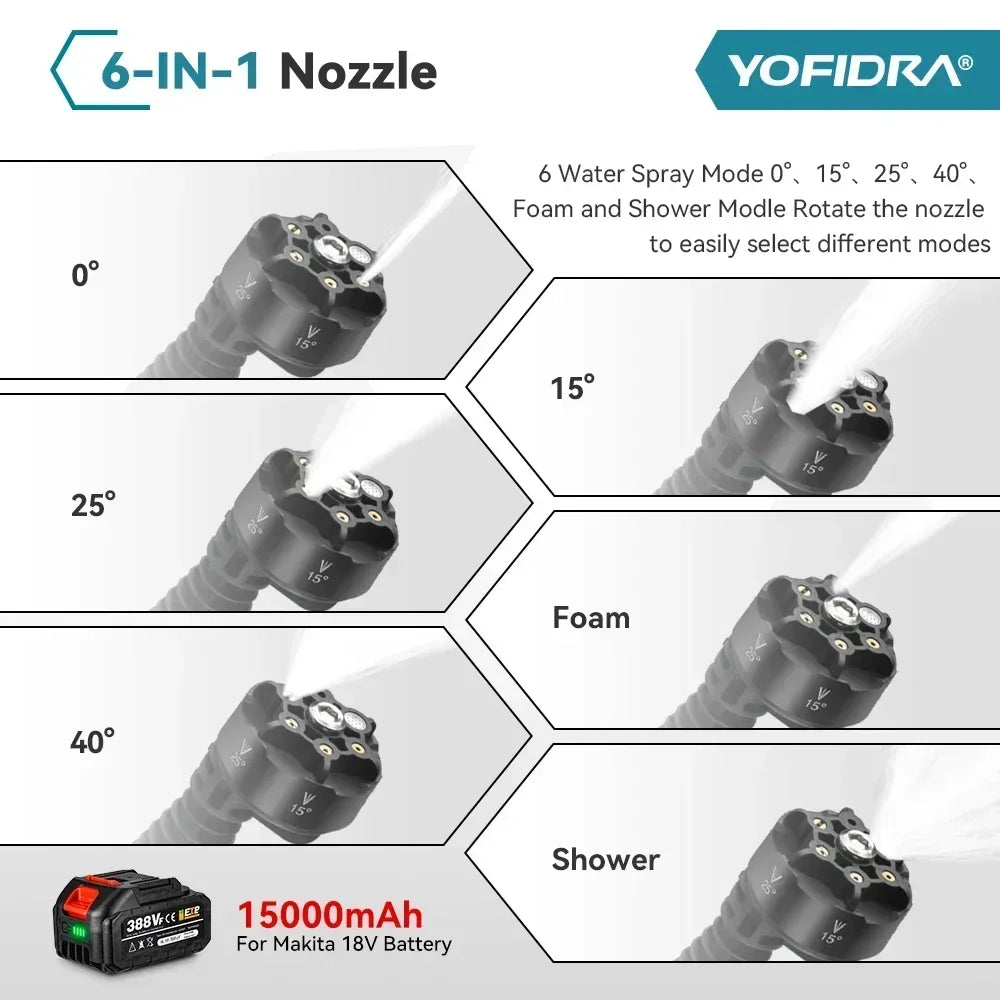 YOFIDRA Nettoyeur Haute Pression 200 Bar - 3500W, Moteur Brushless, Pistolet Pulvérisateur 6-en-1, Compatible Batterie Makita 18V