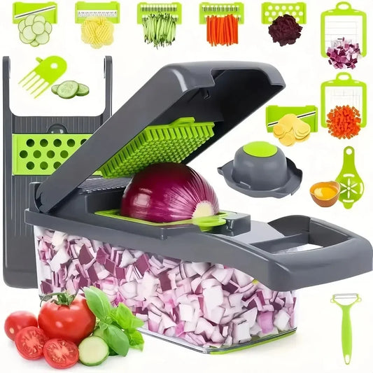 Hachoir Multifonction 14/16 en 1 – Trancheur, Râpe & Coupe-Légumes