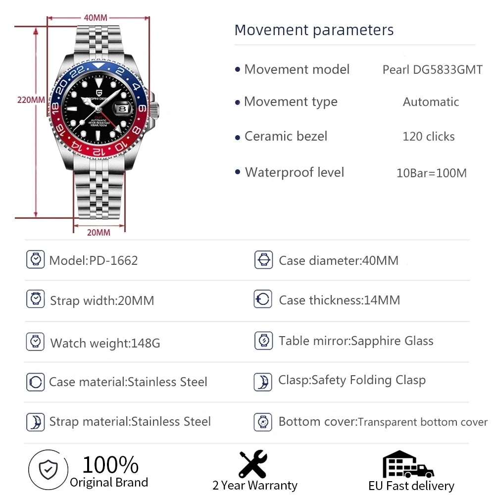 Montre Automatique PAGANI DESIGN V3 GMT - 40MM, Verre Saphir, Acier Inoxydable, Étanche, Luxe & Élégance