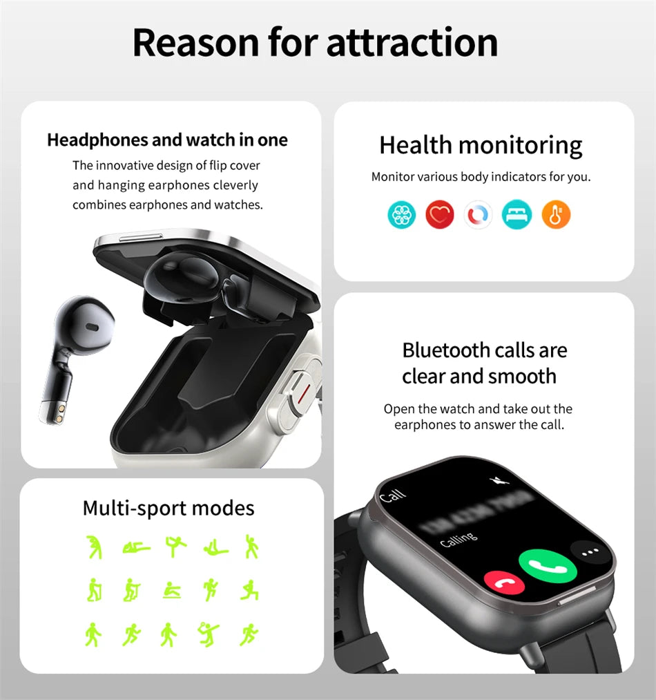 Montre Connectée 2 en 1 avec Écouteurs - Smartwatch Bluetooth 2024 avec Appels, GPS, Moniteur Cardiaque & Lecture de Musique