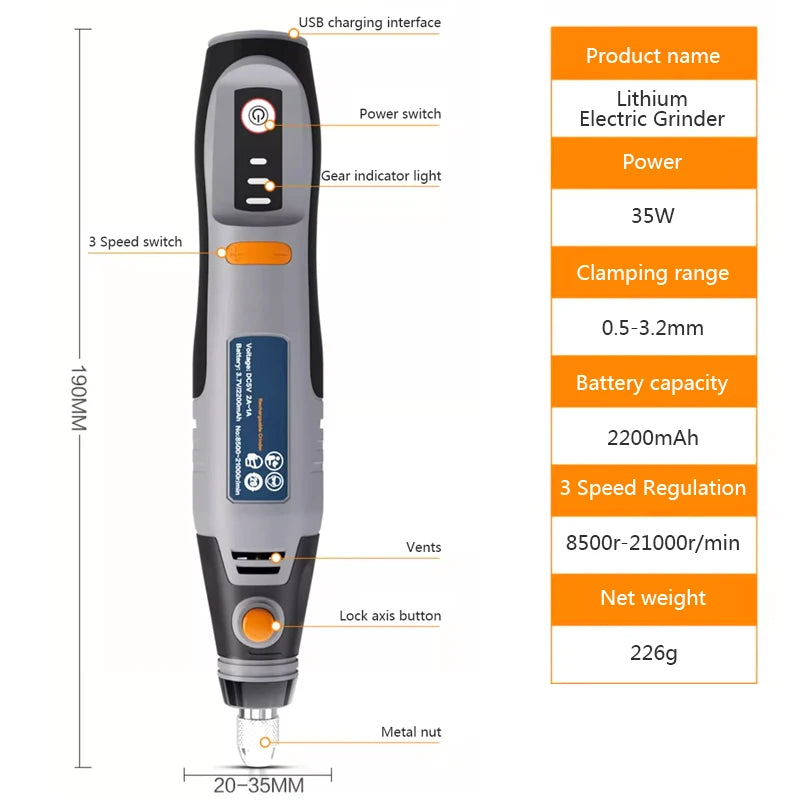 Mini Outil Rotatif Sans Fil 35W – USB Rechargeable, 3 Vitesses, Perçage & Gravure