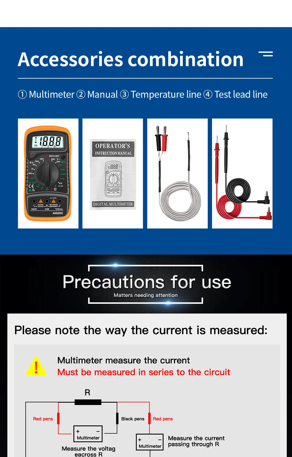 Multimètre numérique portable - LCD rétroéclairé - Testeur AC/DC, Volt, Ohm, Ampère - Neuf