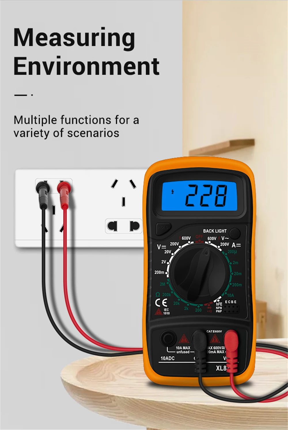 Multimètre numérique portable - LCD rétroéclairé - Testeur AC/DC, Volt, Ohm, Ampère - Neuf
