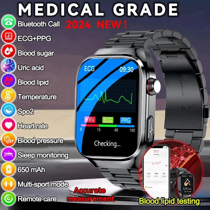 Montre Connectée Santé 2024 - Surveillance de l’Acide Urique, Sucre dans le Sang, ECG + PPG, Pression Artérielle, Appels Bluetooth & Sport