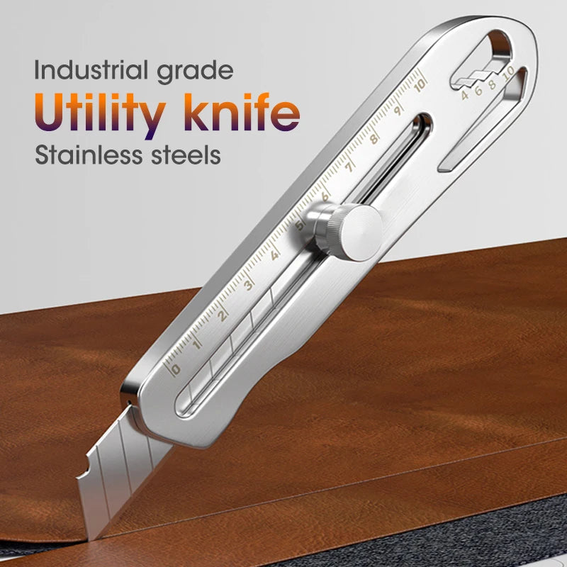 Couteau Universel Industriel 6-en-1 - Corps en Acier 18cm, Lame Remplaçable en Acier Carbone, Cutter Multifonction Renforcé