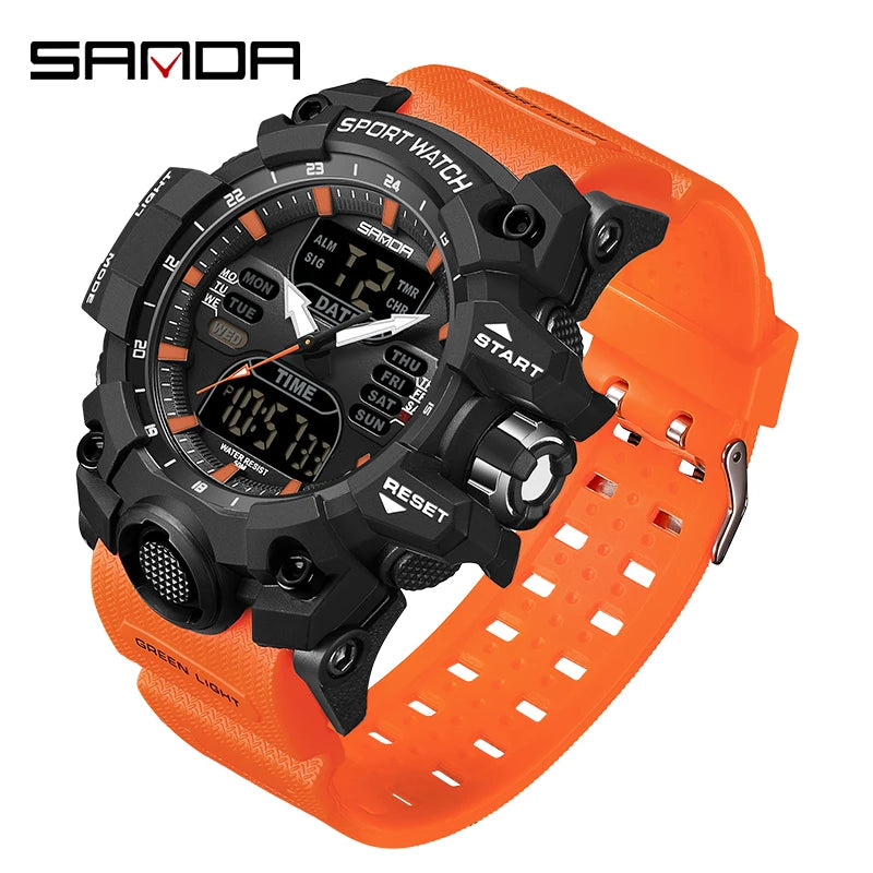 SANDA Luxury G-Style - Montre Électronique Sport Homme, LED, Chronographe Militaire, Étanche 50M