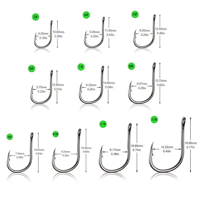 100pcs Hameçons de Pêche en Acier Carbone #3~#12 - Hameçons Circulaires Argentés, Solides & Tranchants