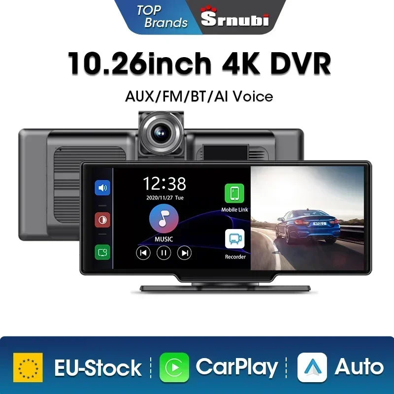 Srnubi 10.26" Dash Cam - Rétroviseur Intelligent avec CarPlay, Android Auto, 4K, DVR Double Caméra, GPS & WiFi