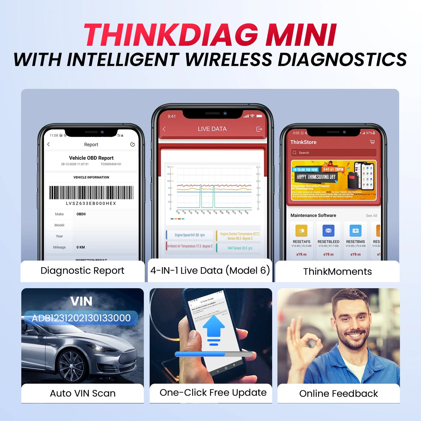 THINKCAR THINKDIAG Mini – Scanner OBD2 Bluetooth, Diagnostic Complet & Codes d’Erreur