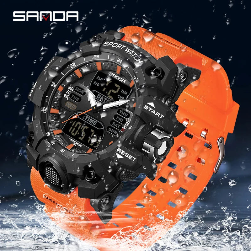 SANDA Luxury G-Style - Montre Électronique Sport Homme, LED, Chronographe Militaire, Étanche 50M