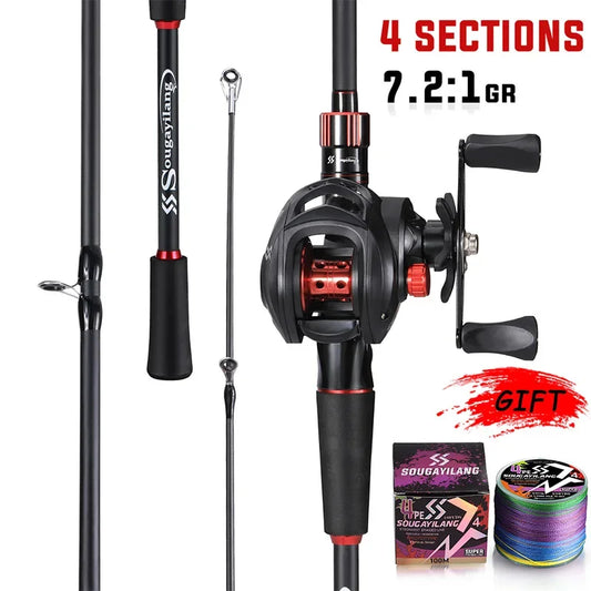 Combo Canne à Pêche & Moulinet Sougayilang - Canne en Fibre de Carbone 1.8-2.1m, Moulinet Baitcasting 7.2:1, Max Drag 10kg