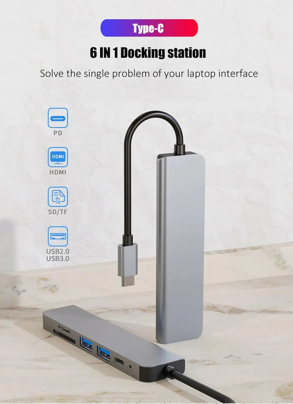 Hub USB-C Multifonction – Adaptateur Type-C vers HDMI 4K, SD/TF, PD Charge Rapide