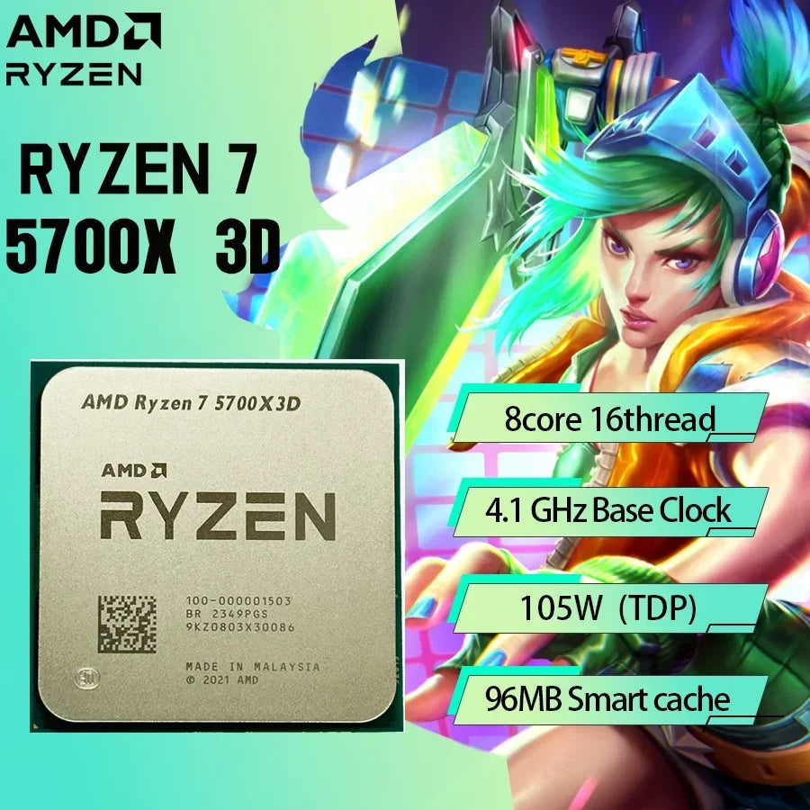 AMD Ryzen 7 5700X3D - Processeur Gaming 8 Cœurs, 16 Threads, 4.1 GHz, Socket AM4, 3D V-Cache (Sans Ventilateur)