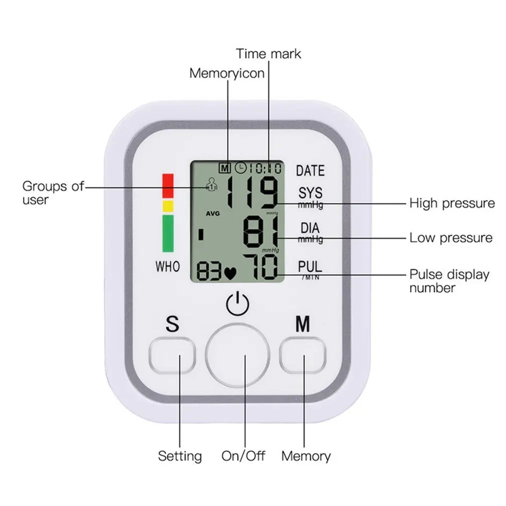 Tensiomètre Électronique à Bras - Moniteur de Pression Artérielle & Fréquence Cardiaque, Écran Digital, Usage Médical Automatique